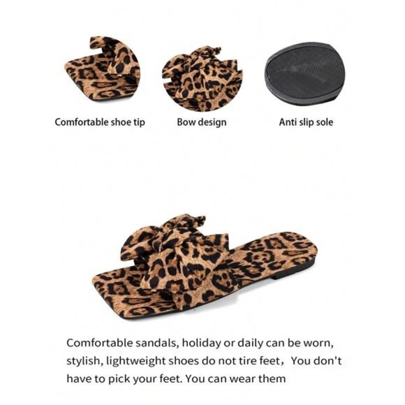 Summer Leopard Print Flat Sandals, Sexy Party Slipper With Bow Decor, Bohemian - Picture 4 of 8